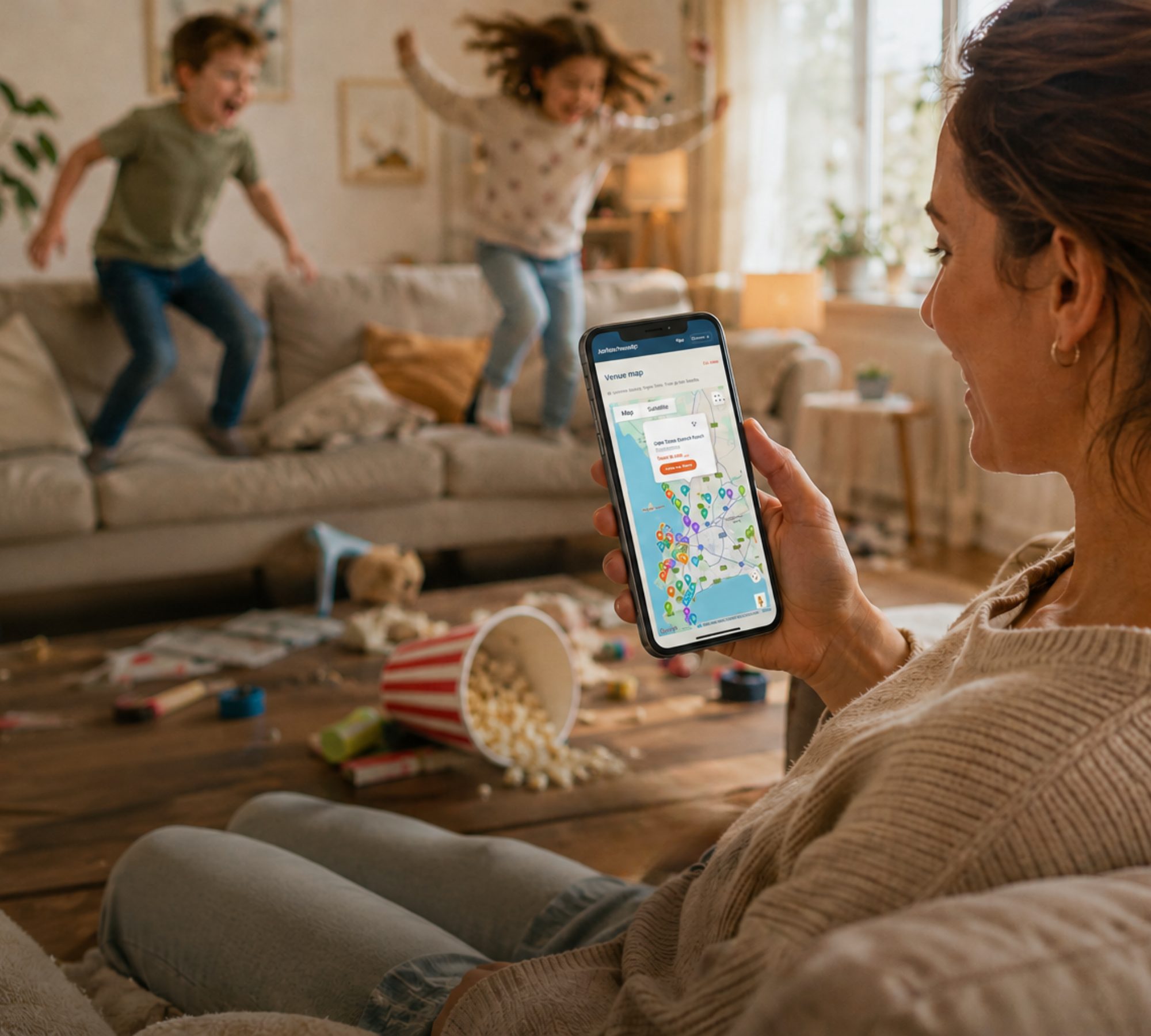 A mother on the couch finding family friendly places near her on Are We There Yet, while her two children bounce on the sofa behind her.