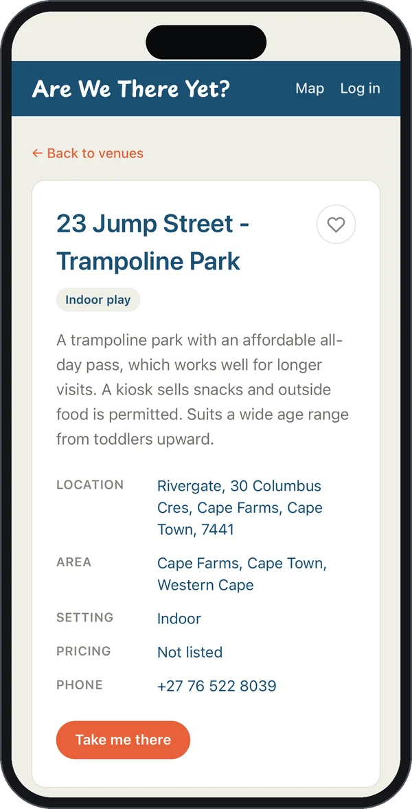 A venue page showing description, location, setting, pricing and phone number
