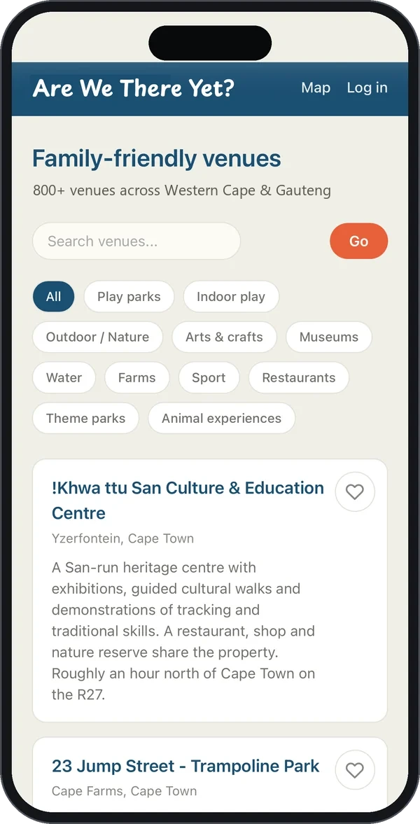 The venue directory with search and category filter chips