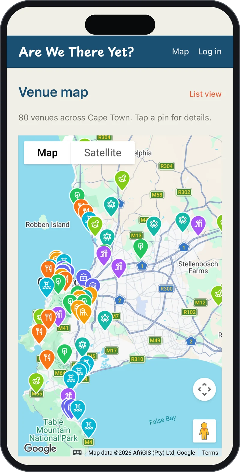 The Are We There Yet venue map on an iPhone, showing Cape Town venues as coloured category pins