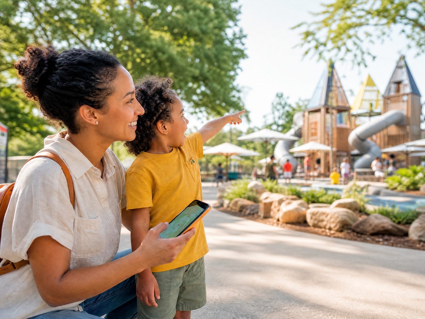 A mother crouching beside her son at a playground, phone in hand, as he points excitedly at the play structure they have just found.